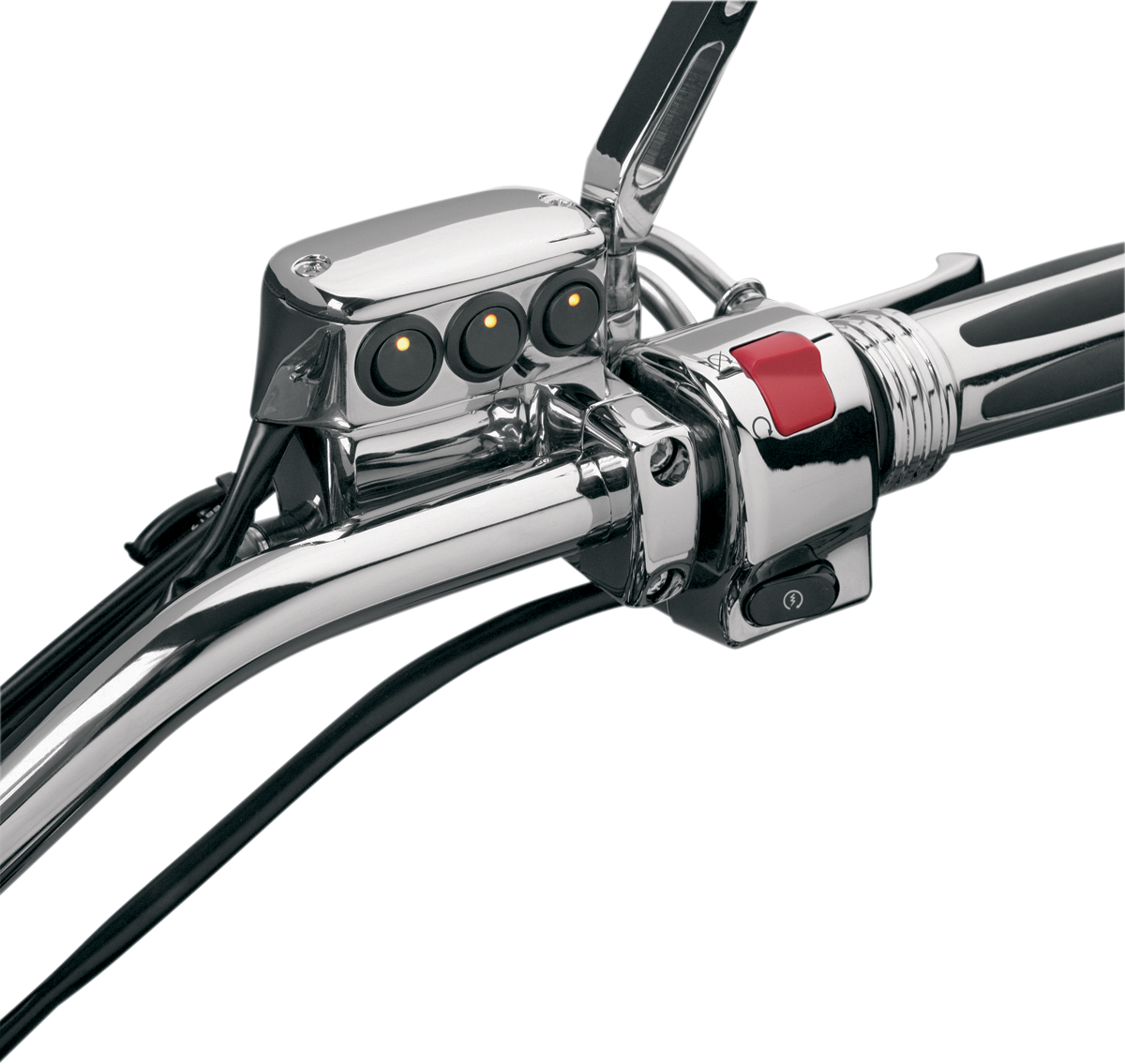 Chrome switch block assembly for brake side engine switch, designed for motorcycles by Bill's Exhausts, part 52-605A.