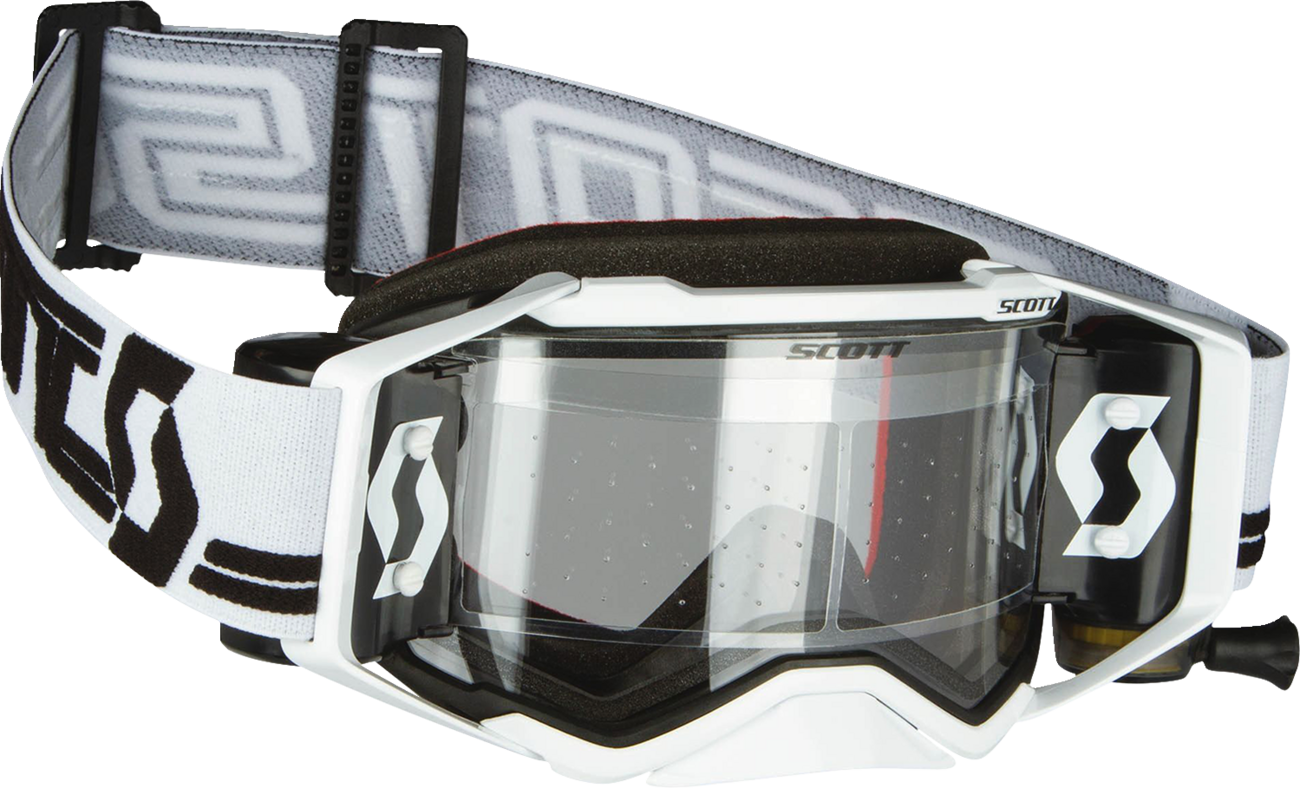 Scott Prospect Super WFS goggles in white and black with clear lenses, designed for motorcycle or motocross riding.