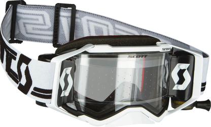 Scott Prospect Super WFS goggles in white and black with clear lenses, designed for motorcycle or motocross riding.
