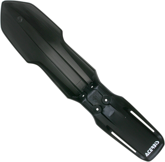 Black Acerbis front fender for motorcycle, designed for durability and style, shown in a close-up image.