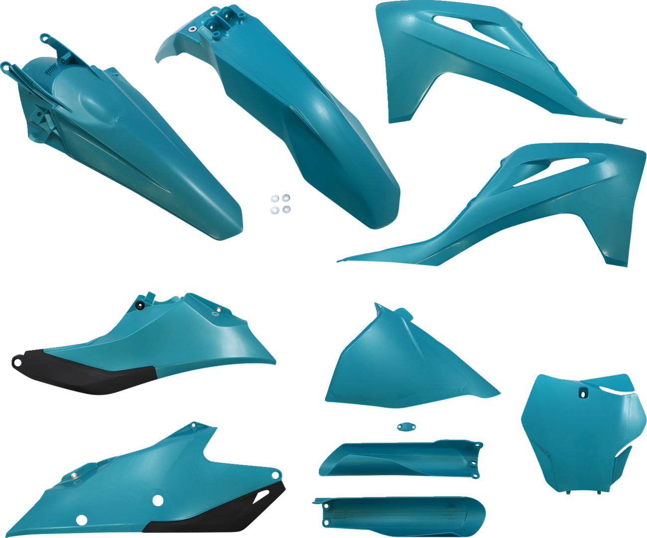 Acerbis standard replacement body kit in teal, black, and metallic colors for motorcycle, featuring sleek, durable design.