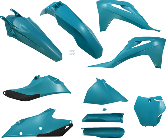 Acerbis standard replacement body kit in teal, black, and metallic colors for motorcycle, featuring sleek, durable design.
