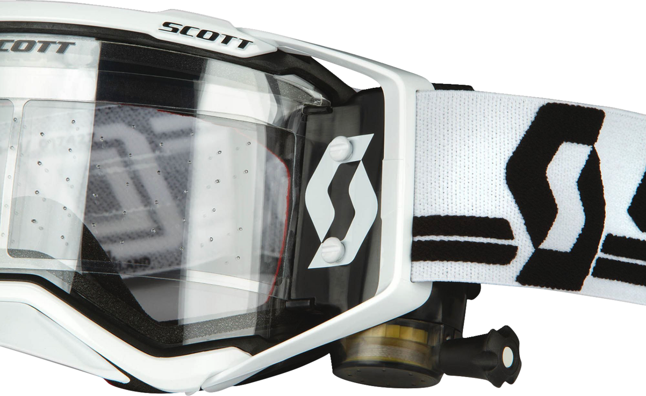 Scott Prospect Super WFS goggles in white and black with clear lenses, designed for motocross or off-road riding.
