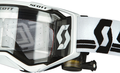 Scott Prospect Super WFS goggles in white and black with clear lenses, designed for motocross or off-road riding.
