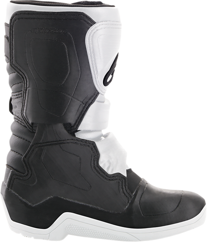 Black and white Alpinestars Youth Tech 3S motorcycle boots in US size 10, showing the front view with protective features.