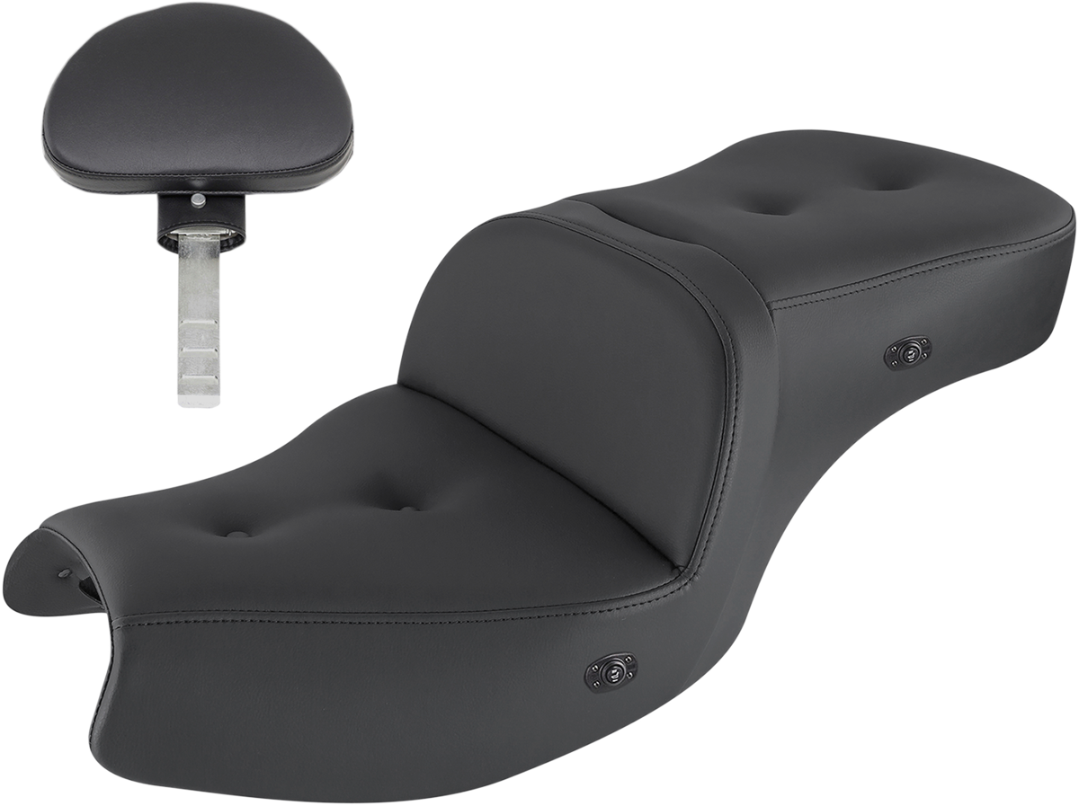 Saddlemens heated roadsofa seat with pillow-top design and backrest, featuring plush upholstery and adjustable heating controls.