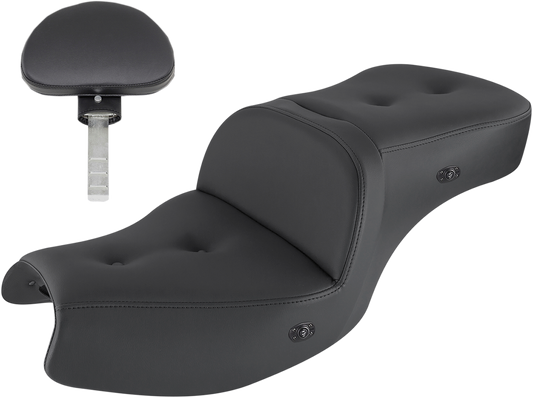 Saddlemens heated roadsofa seat with pillow-top design and backrest, featuring plush upholstery and adjustable heating controls.
