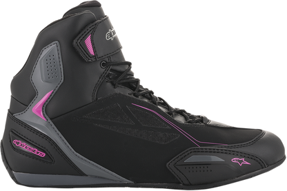 Black, gray, and pink Alpinestars Faster-3 Drystar shoes in US 8.5 with sporty design and protective features for motorcycle riding.