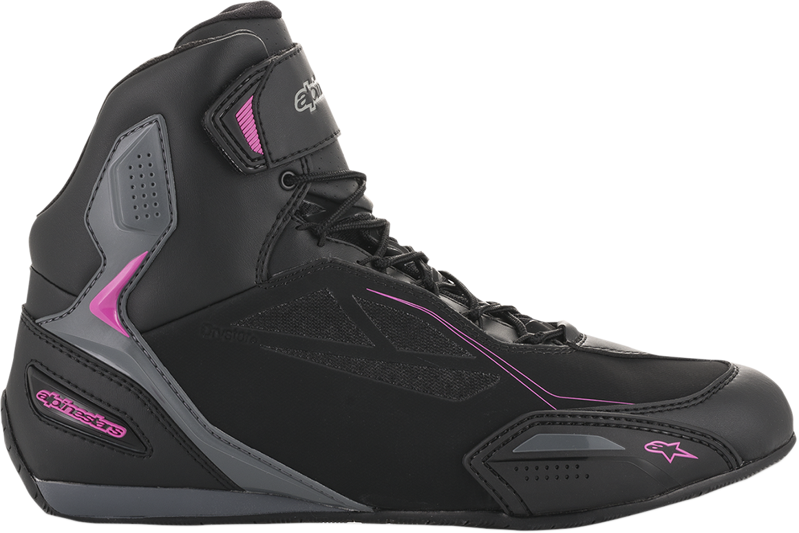 Alpinestars Faster-3 Drystar® motorcycle shoes in black, gray, and pink, size US 7.5, with protective design and sporty look.