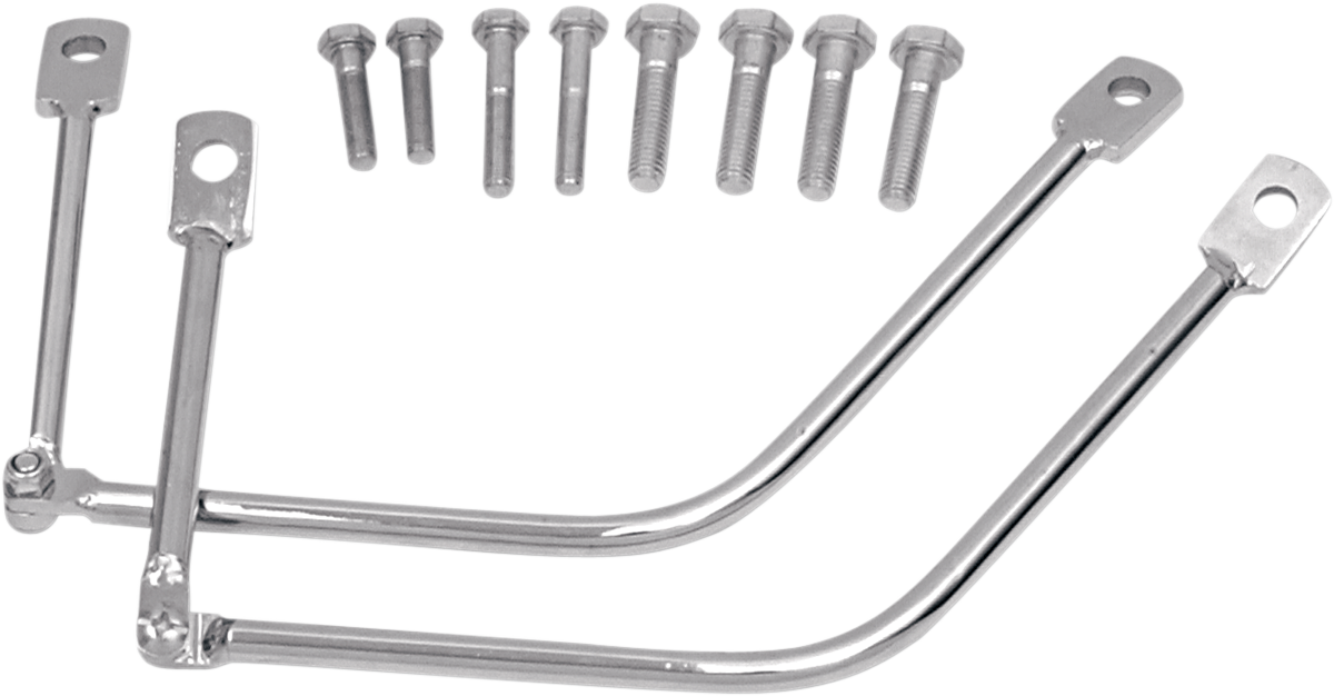 Chrome Saddlemens Metric Saddlebag Support for seats, compatible with motorcycle models, featuring sturdy metal construction.