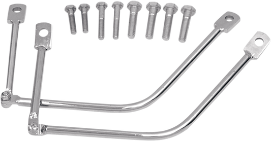 Chrome Saddlemens Metric Saddlebag Support for seats, compatible with motorcycle models, featuring sturdy metal construction.