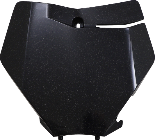 A black Acerbis front number plate for motorcycles, mounted on a bike, showcasing its sleek body design and durable construction.