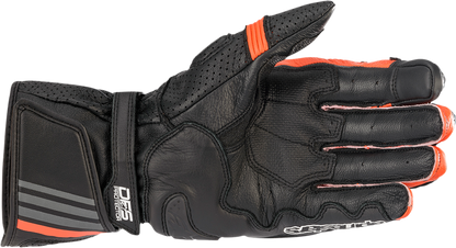 Alpinestars GP Plus R v2 motorcycle gloves in black and fluo red, small size, featuring reinforced knuckles and breathable material.