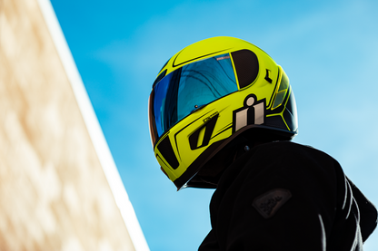 Bill's Exhausts ICON Airform™ Helmet Resurgent Hi-Viz medium helmet with bright yellow color and clear visor for motorcycle riding.