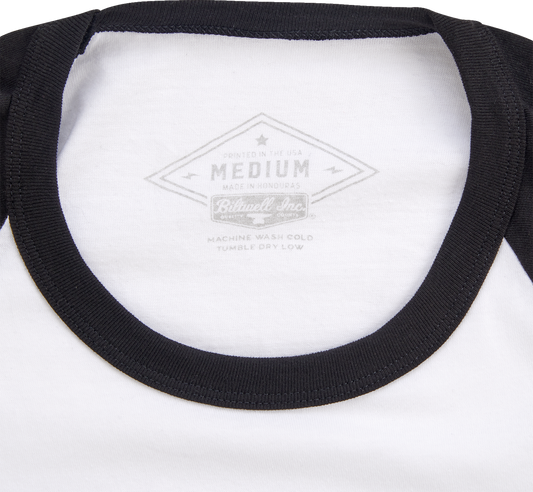 Black and white BILTWELL high-performance raglan T-shirt by Bill's Exhausts, small size, with stylish color-block design.
