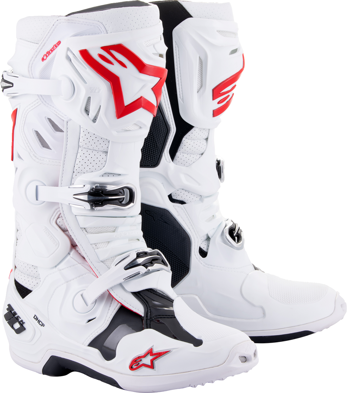 Alpinestars Tech 10 Supervented motorcycle boots in white and red with protective features, US size 8.