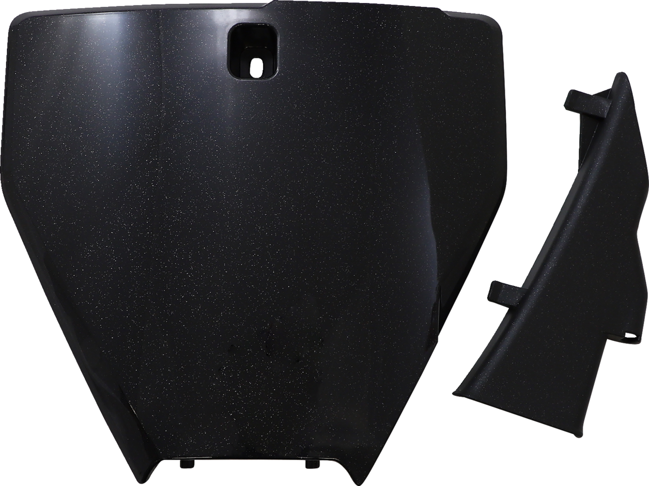 A black metallic Acerbis front number plate for motorcycles, featuring a sleek body design and mounting holes for installation.