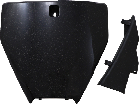 ACERBIS front number plate in black and metallic finish, designed for motorcycle body, with mounting details visible.