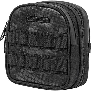 Black Saddlemen Fundamentals Sissy Bar Bag attached to a motorcycle seat, designed for secure storage and style.