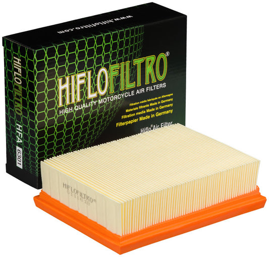 HIFLOFILTRO HFA6301 air filter for high performance motorcycle engines, showcasing the clean, pleated filter element.