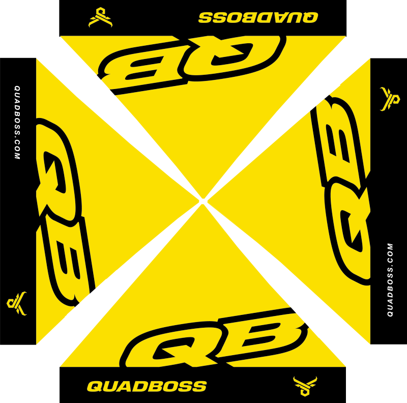 QuadBoss canopy with durable fire- and UV-resistant material, designed for powersports vehicles, shown with frame in image.