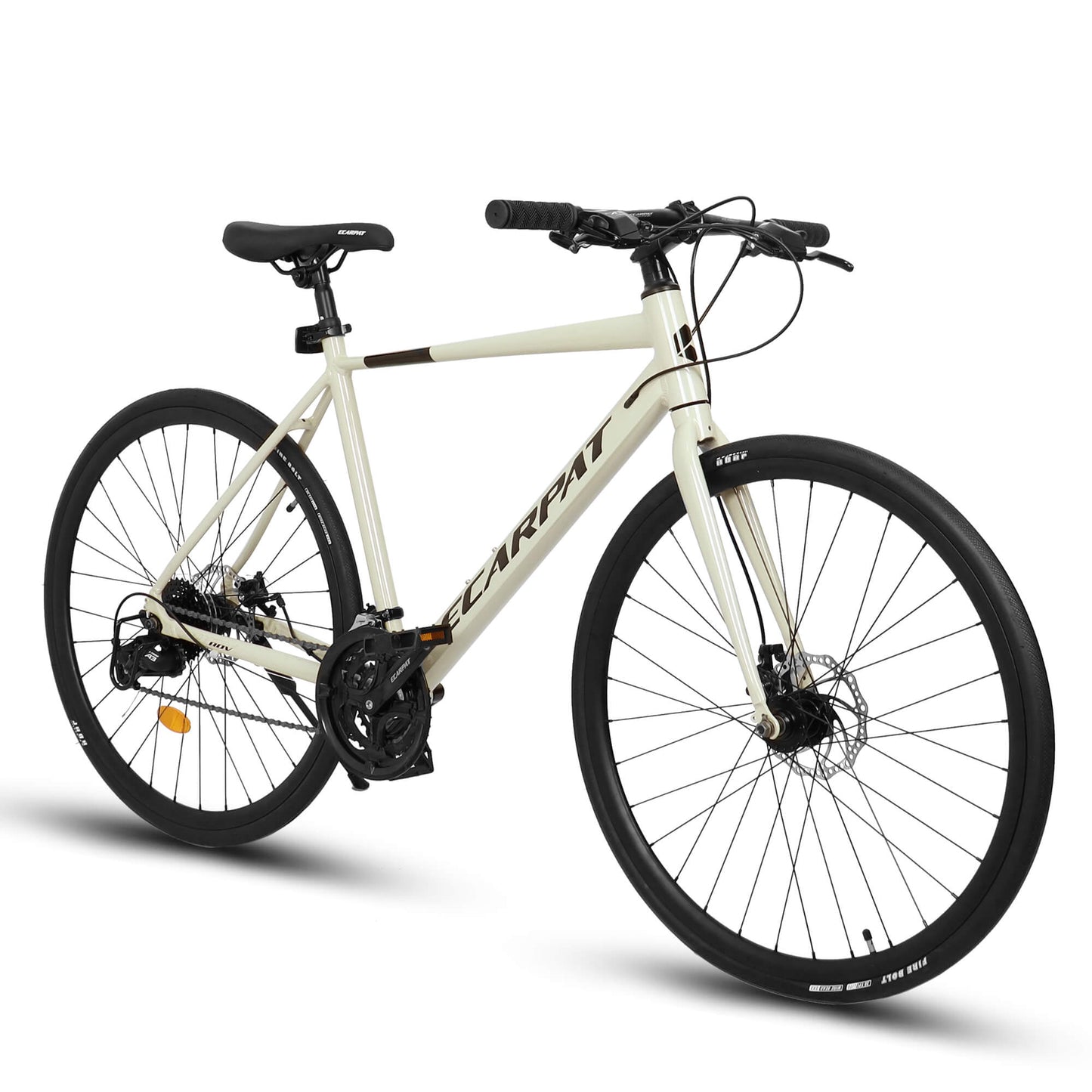 Hycline Ecarpat Druk 700x28C bicycle tire mounted on wheel, black rubber with tread pattern for road cycling.