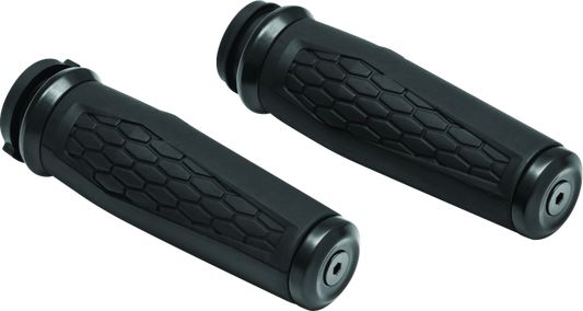 Black Kuryakyn Hex Grips throttle-by-wire motorcycle handlebar grips with textured surface for improved grip.