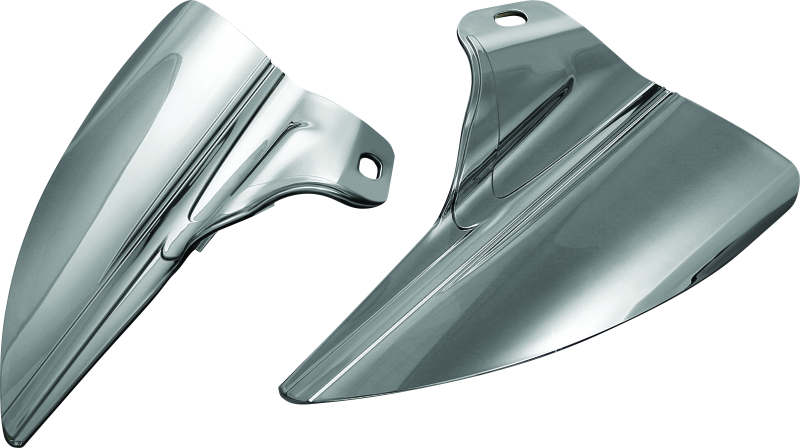 Kuryakyn Saddle Shields heat deflectors installed on Harley Davidson Touring motorcycle, showing shiny metal covers over the seat area.