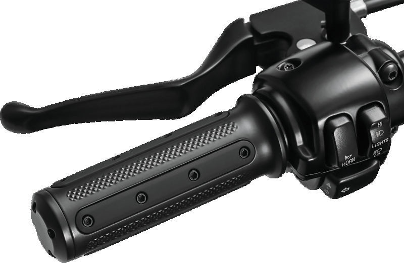 Kuryakyn Heavy Industry grips with dual cables in black for powersports vehicles, part #6121, installed on motorcycle handlebars.