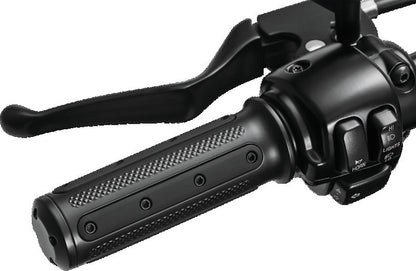 Kuryakyn Heavy Industry grips with dual cables in black for powersports vehicles, part #6121, installed on motorcycle handlebars.
