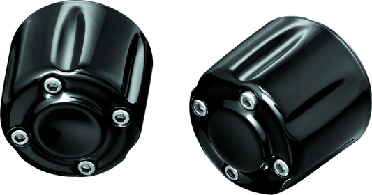 Black Kuryakyn Grip End Weights for powersports bikes, part #6339, shown attached to motorcycle handlebars.