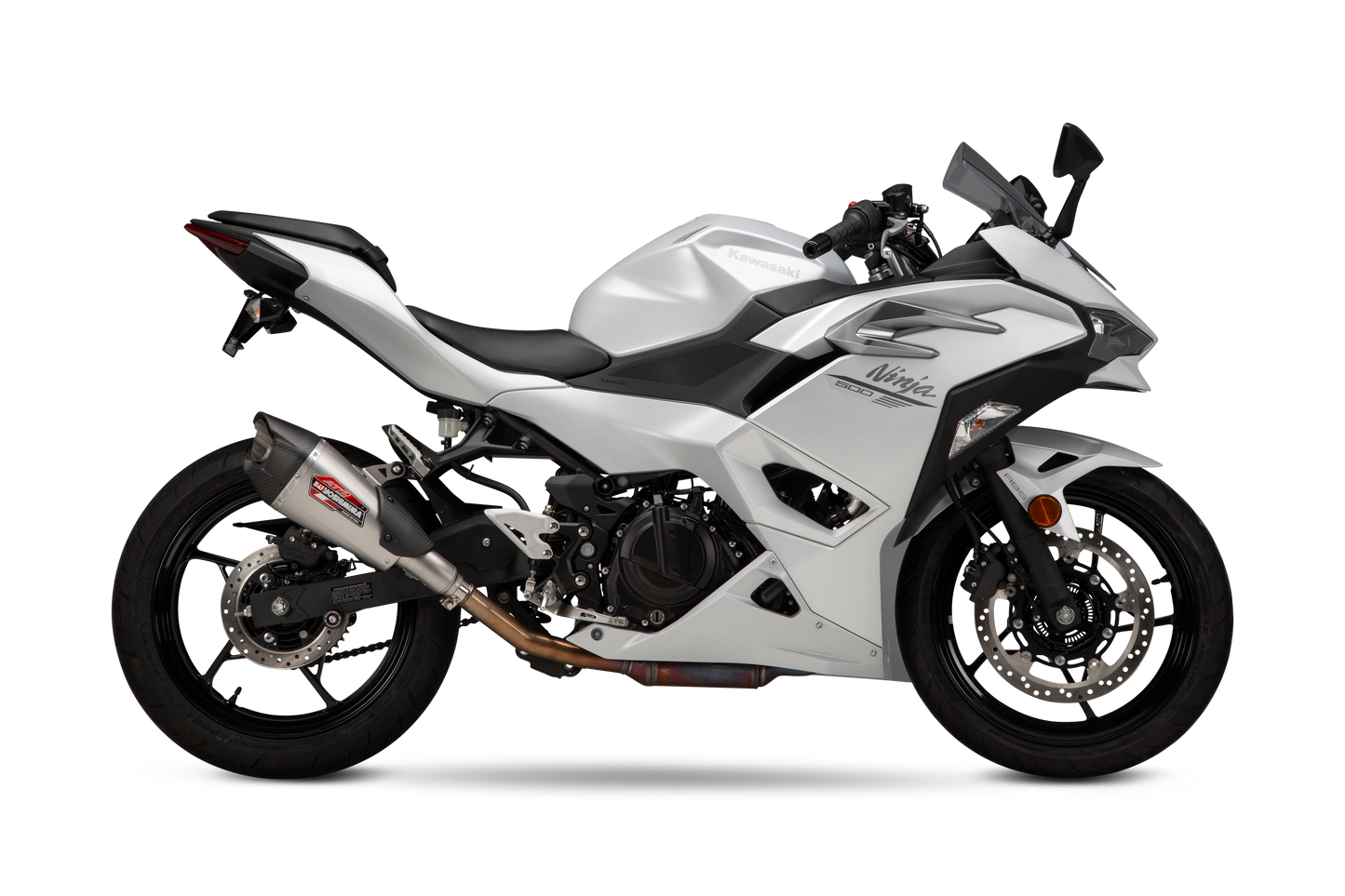 YOSHIMURA Street AT2 slip-on exhaust with carbon fiber end cap for motorcycle, showcasing sleek metal and carbon fiber finish.