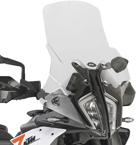 GIVI D7716ST clear windshield for KTM motorcycles, showing the transparent protective screen mounted on a motorcycle.