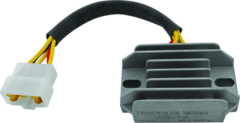 QuadBoss voltage regulator for Suzuki LT-4WD QuadRunner, 1987-1998, showcasing the black rectangular component with wiring connections.