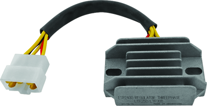 QuadBoss voltage regulator for Suzuki LT-4WD QuadRunner, 1987-1998, showcasing the black rectangular component with wiring connections.