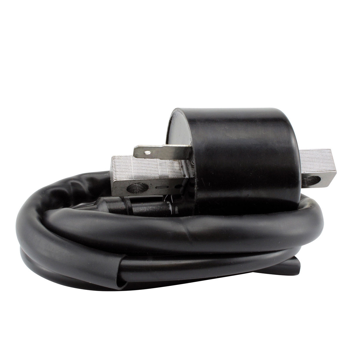RM STATOR external ignition coil RM06158, showing a plug-and-play replacement coil with electrical connectors and housing.