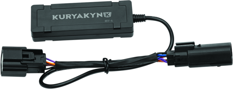 Kuryakyn 6-pin Molex turn signal regulator for Harley-Davidson motorcycles, shown connected with wiring harness.