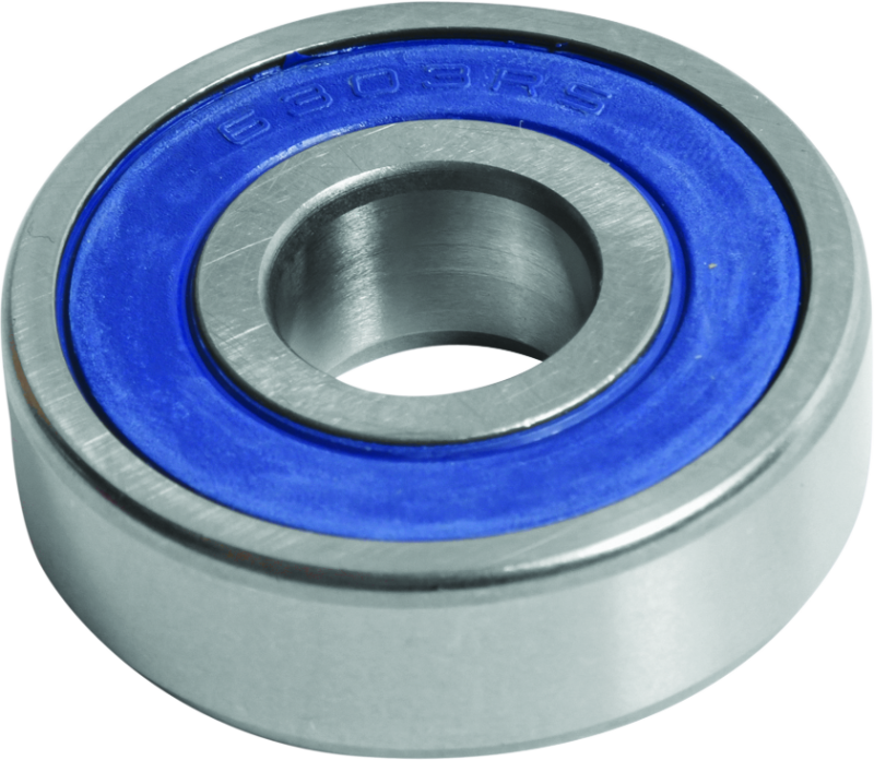 QuadBoss 6303-2RS high-speed power sports bearing with triple-lip seals, showing metal casing and rubber seals in close-up.
