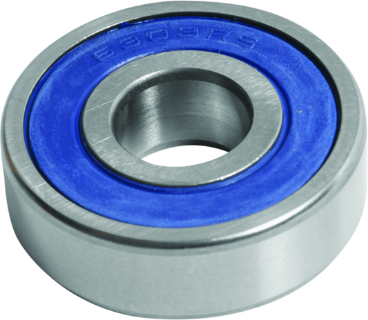 QuadBoss 6303-2RS high-speed power sports bearing with triple-lip seals, showing metal casing and rubber seals in close-up.