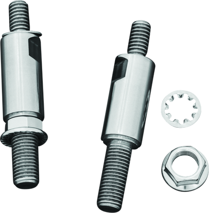 Chrome Kuryakyn raised mirror adaptors for metric motorcycle models, showing the shiny metal finish and mounting hardware.