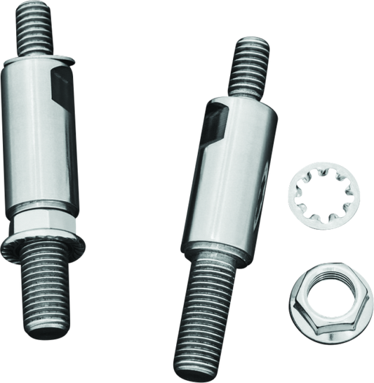 Chrome Kuryakyn raised mirror adaptors for metric motorcycle models, showing the shiny metal finish and mounting hardware.