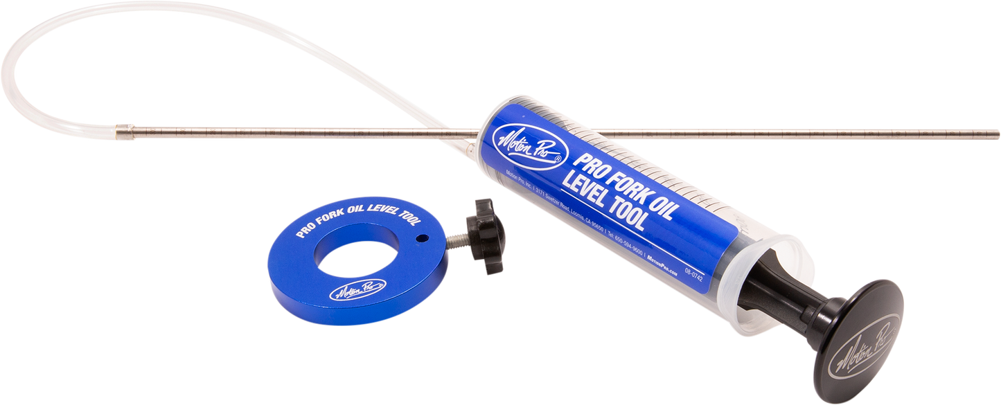 MOTION PRO Pro Fork Oil Level Tool for motorcycle suspension, showing a compact, metal tool with engraved measurement markings.