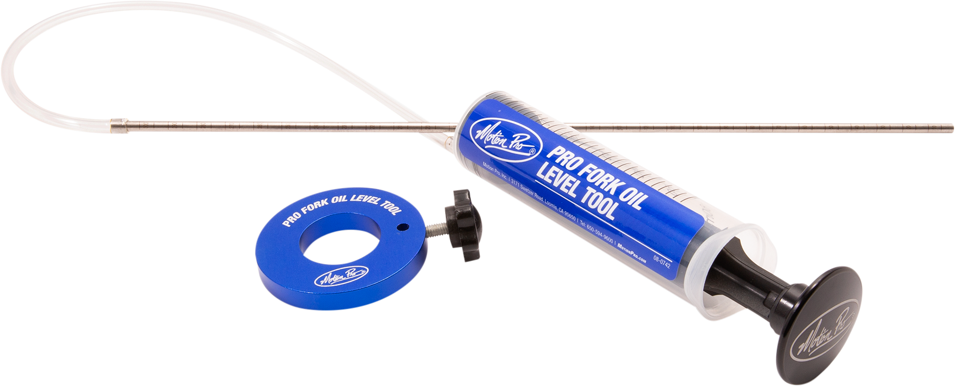 MOTION PRO Pro Fork Oil Level Tool for motorcycle suspension, showing a compact, metal tool with engraved measurement markings.
