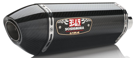 YOSHIMURA Race R 77 full exhaust system for high-performance motorcycles, featuring sleek metal pipes and polished finish
