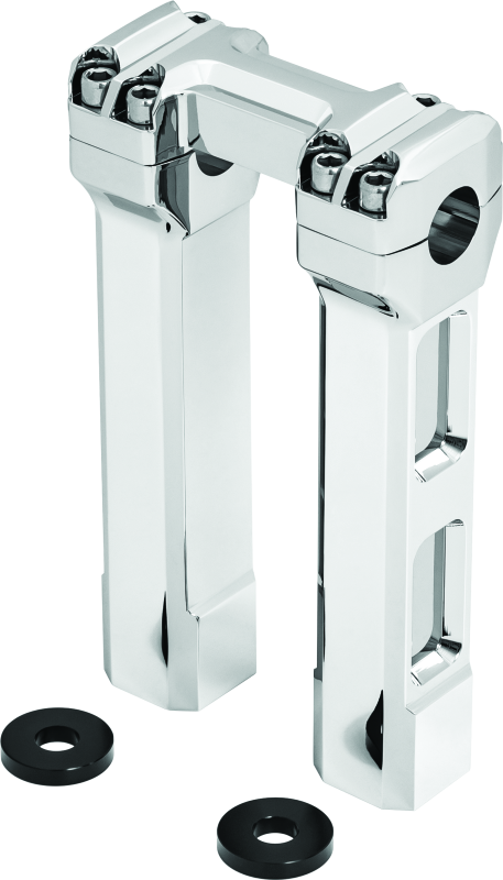 Kuryakyn 8-inch chrome billet handlebar risers on a Harley motorcycle, showing the shiny, polished design for improved comfort and style.