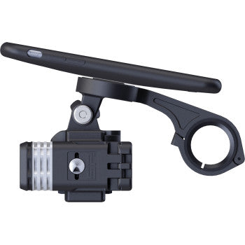 Black SP CONNECT handlebar phone mount attached to a motorcycle handlebar, designed for secure smartphone mounting.