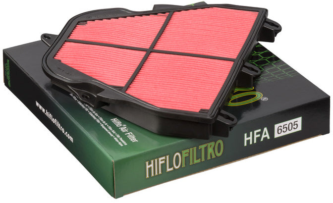 HIFLOFILTRO HFA6505 air filter for high-performance engines, showing the clean, pleated filter element with brand marking.