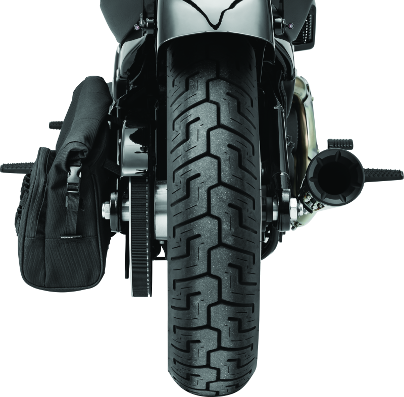 Kuryakyn Hoodrat Universal Swingarm Bag mounted on powersports motorcycle swingarm, black storage bag with Kuryakyn branding