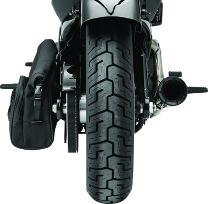 Kuryakyn Hoodrat Universal Swingarm Bag mounted on powersports motorcycle swingarm, black storage bag with Kuryakyn branding
