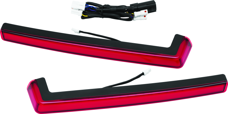 Kuryakyn Tracer Tour Pak side lights with red lenses on Harley Davidson touring motorcycle for added visibility and style